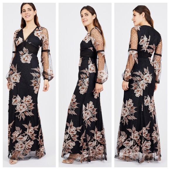 NWT Belle by Badgley Mischka Floral Embroidered Mermaid V-Neck Long Sleeve Gown - Picture 2 of 12